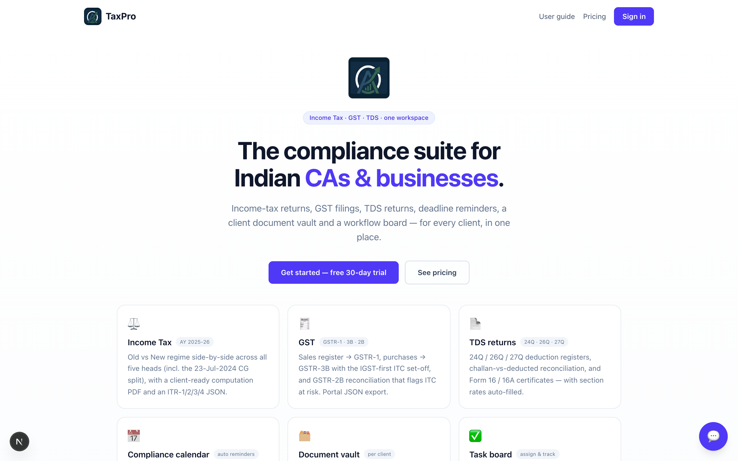 The TaxPro landing page